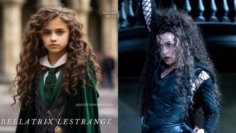 une version jeune de bellatrix lestrange imaginée par une IA à côté de la bellatrix de helena bonham carter