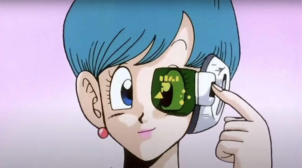 Bulma avec le scouter de Radditz qu'elle a réparé dans Dragon Ball