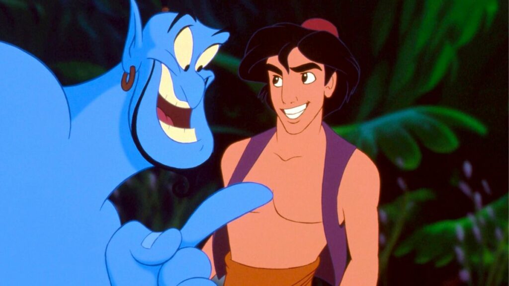 Le génie et Aladdin en train de sourire malicieusement.