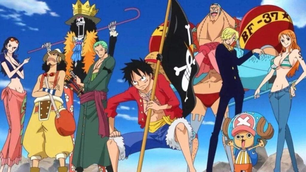 L'équipage de Luffy au chapeau de paille avec leur drapeau dans One Piece