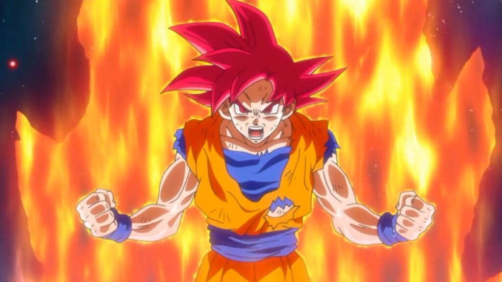 Goku, sous sa forme Super Saiyan God, en train de charger son énergie dans l'anime Dragon Ball Super