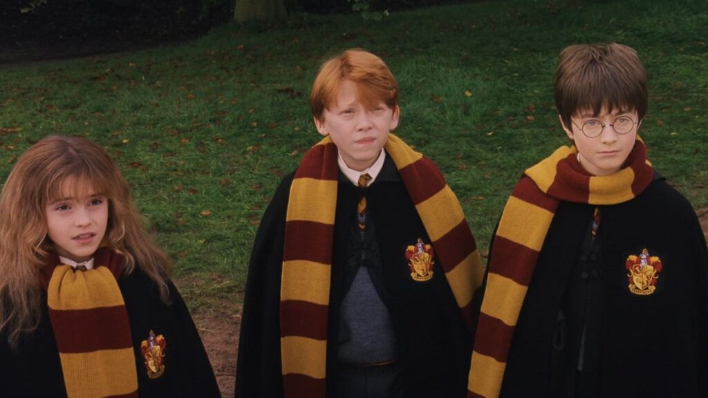 Harry Potter, Ron Weasley et Hermione Granger dans Harry Potter à l'école des sorciers.