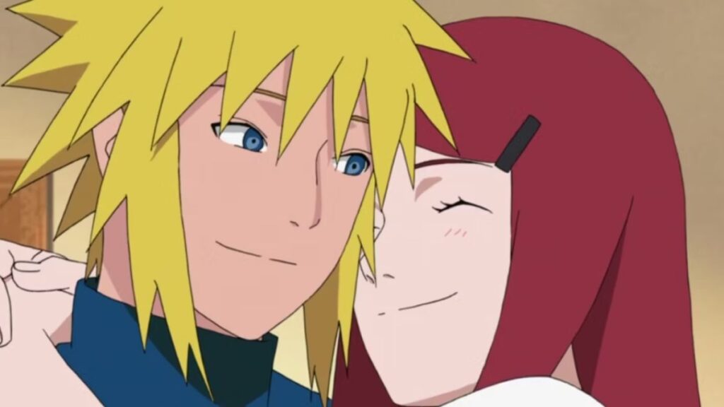 Les personnages de Minato et Kushina s'enlaçant dans l'anime Naruto