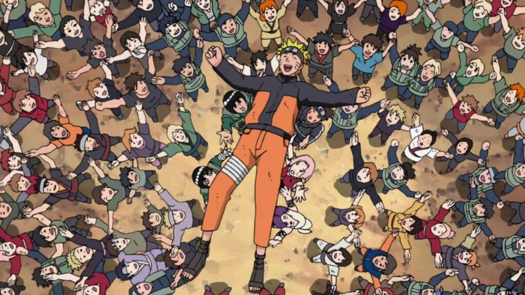 Naruto étant célébré comme le héros de Konoha par ses amis et les habitants du village dans l'anime éponyme