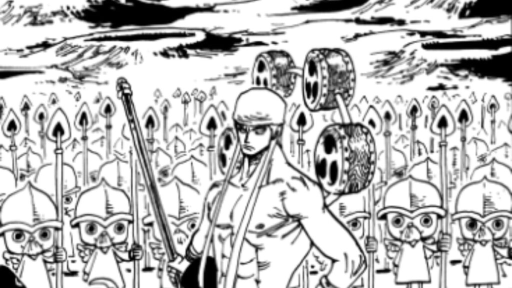 Ener avec son armée de petits robots, les Spaceys, sur la lune dans sa mini-aventure dans le manga One Piece