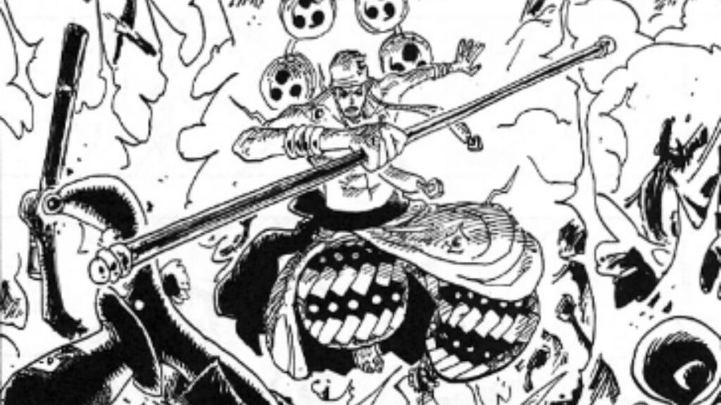 Ener attaquant les pirates de l'espace avec ses éclairs dans sa mini-aventure dans le manga One Piece