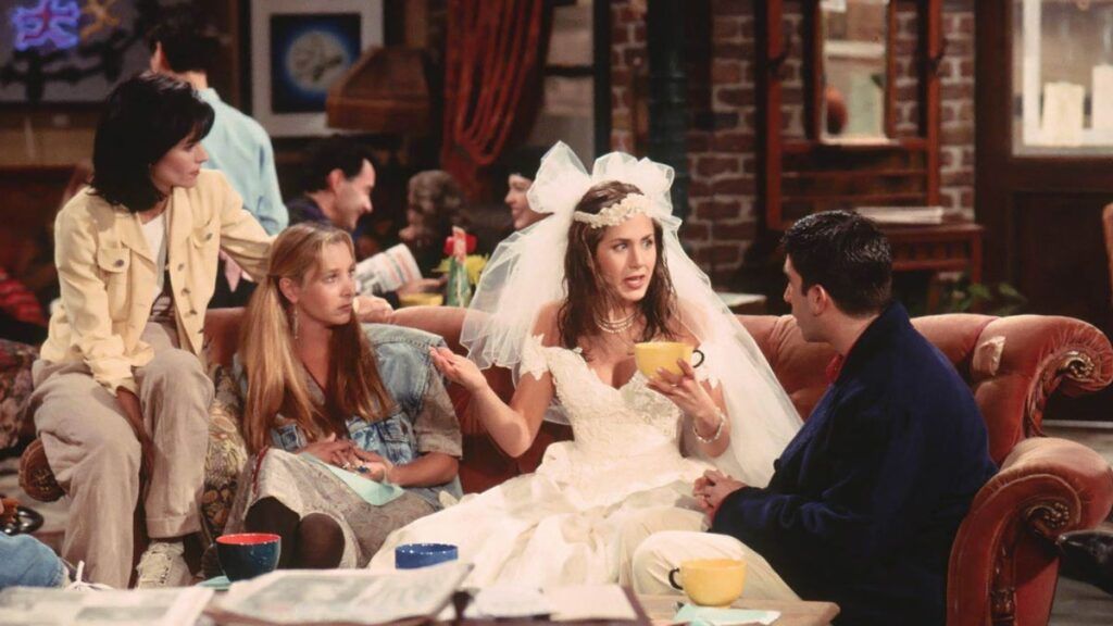 Monica, Phoebe, Rachel et Ross dans le premier épisode de Friends.