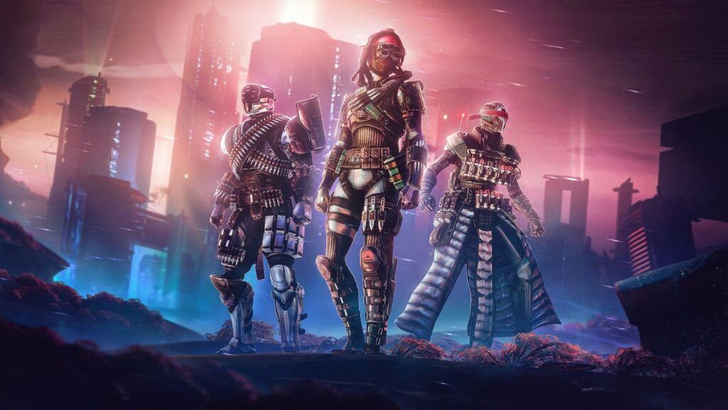 Trois Gardiens présents devant la ville nuptienne pour l'extension Eclipse du jeu vidéo Destiny 2