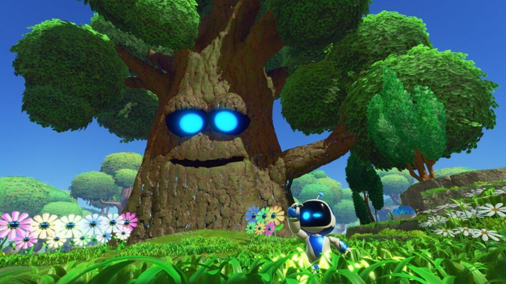 Astro, le petit robot de Playstation explorant un monde avec un arbre flippant dans le jeu Astro Bot