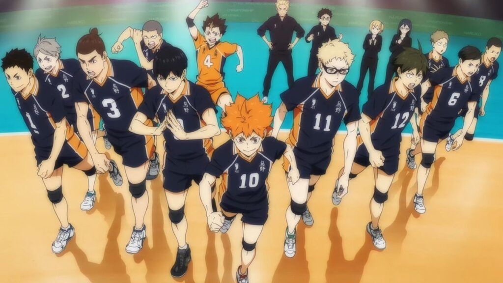 L'équipe de volleyball du lycée Karasuno fait son entrée sur le terrain avant un match dans l'anime Haikyu !!