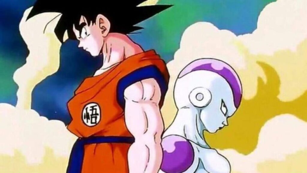 Goku et Freezer, dos à dos durant leur combat sur Namek dans l'anime Dragon Ball Z