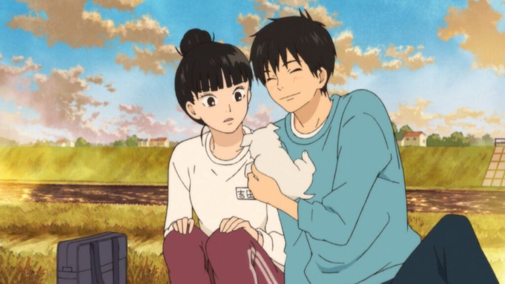 Les personnages de Sawako et Shota s'occupant d'un chien dans l'anime Kimi ni Todoke