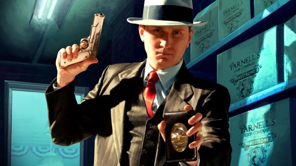 L'agent de police de Los Angeles, Cole Pheps, montrant son insigne dans le jeu vidéo L.A. Noire