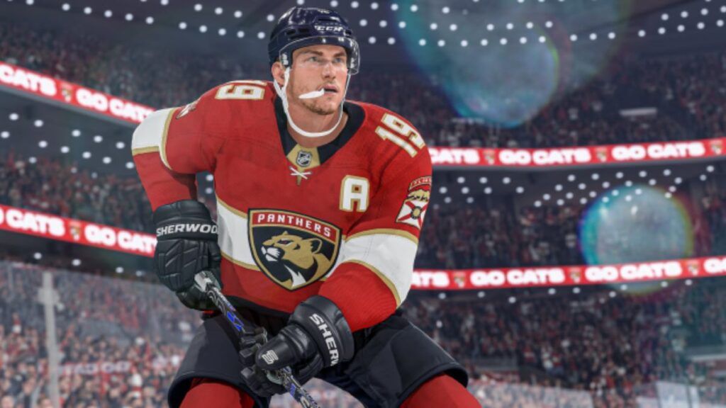 Un joueur de hockey su glace durant un match dans le jeu NHL 24