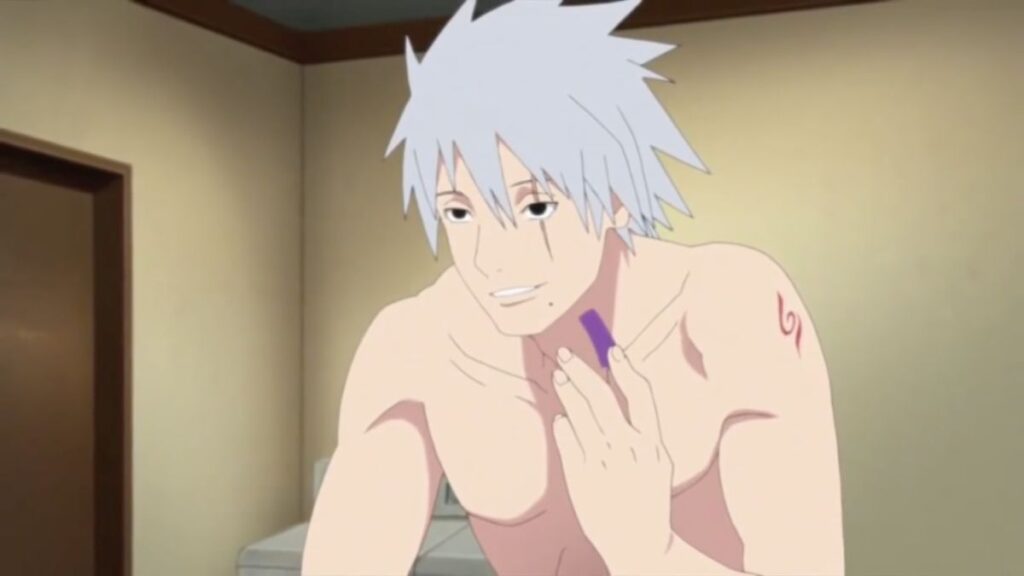 Kakashi enlevant son masque et son bandeau dans sa salle de bain dans l'anime Naruto