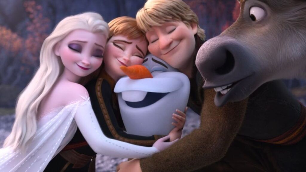 Elsa, Anna, Kristoff, Sven et Olaf à la fin de La reine des neiges 2