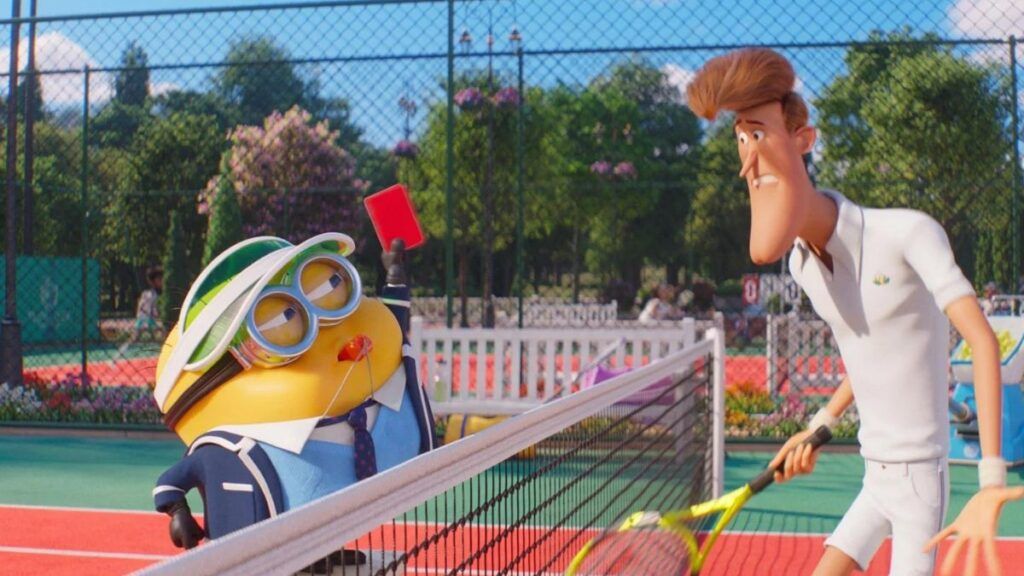 Un minion sur un cours de tennis dans le film d'animation Moi Moche et Méchant 4