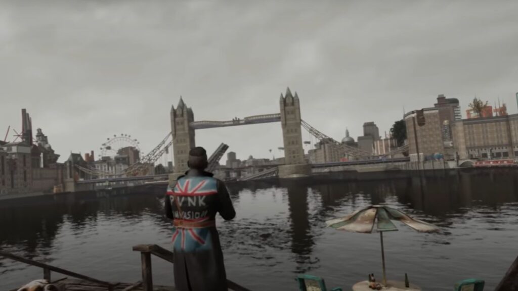 Un personnage observant le Tower Bridges dans le monde post-apocalyptique du mode Fallout London