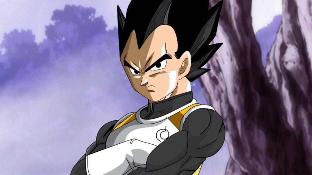 Vegeta se reposant contre un arbre après un entraînement avec Whis dans l'anime Dragon Ball