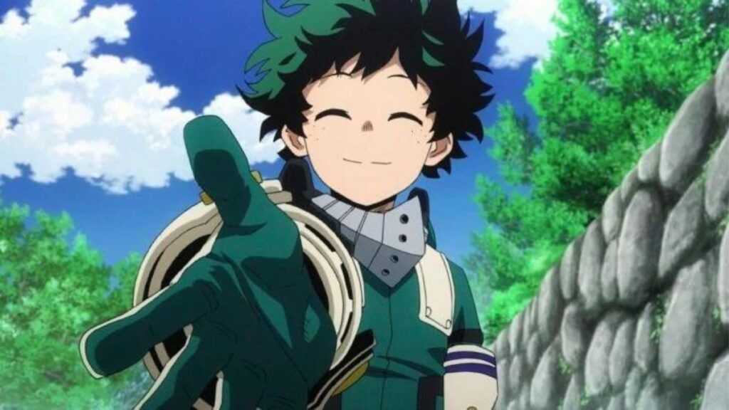 Izuku Midoriya, dans sa tenue de héros Deku, nous tendant la main dans l'anime My Hero Academia