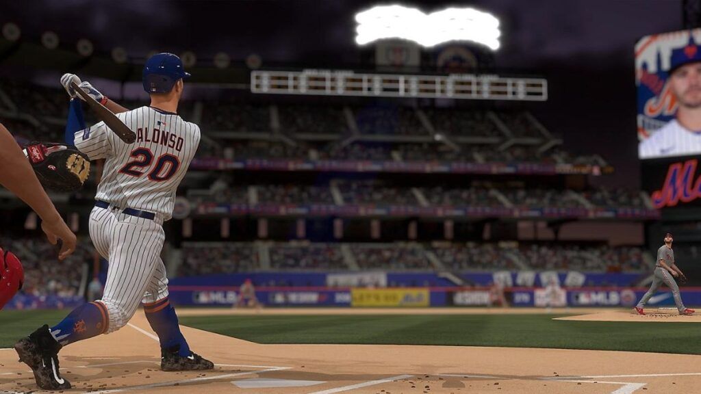 Le joueur Pete Alonso, frappant une balle durant un match de baseball dans le jeu vidéo disponible sur Playsation MLB The Show 24