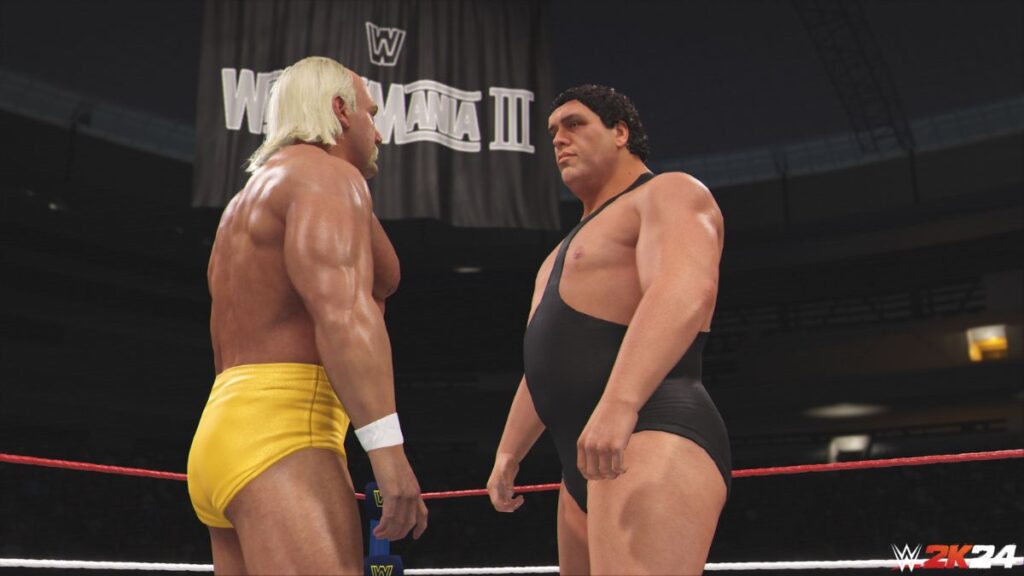 Les catcheurs HulkHogan et Andre, face à face sur le ring durant un combat dans le jeu vidéo WWE 2K24 offert sur le Playstation Plus