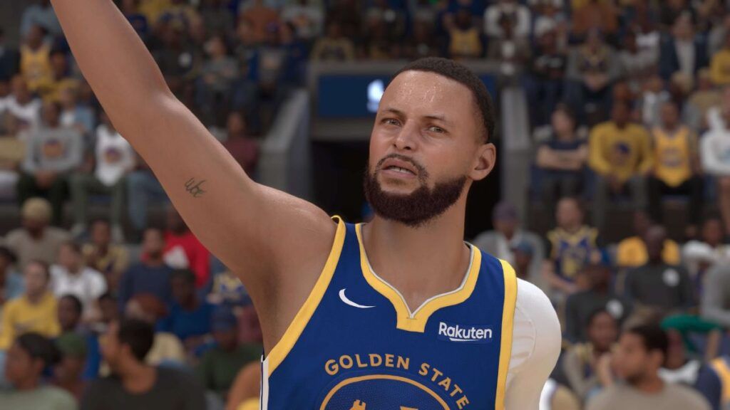 Steph Curry, célébrant un shoot durant un match au Chase Center des Warriors dans le jeu vidéo NBA 2K25