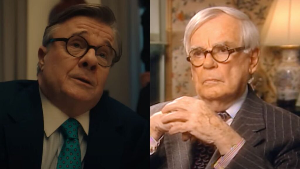 Dominick Dunne (Nathan Lane) dans la série Netflix Monstres : L'histoire de Lyle et Erik Menendez et dans la vraie vie  