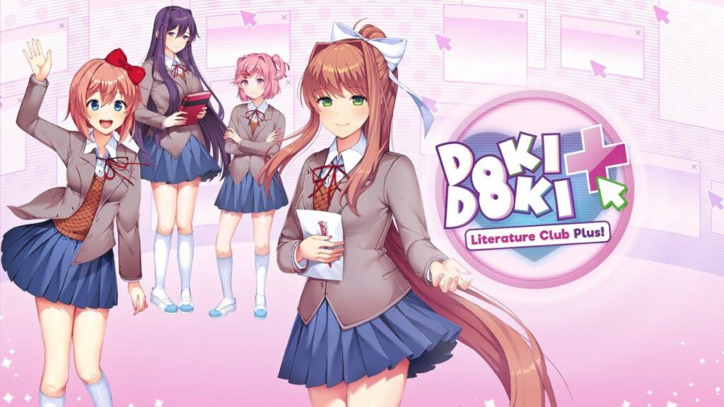 Les quatre filles, membre du club de littérature, réunis sur l'affiche du jeu vidéo Doki Doki Literature Club Plus! offert dans le Playstation Plus