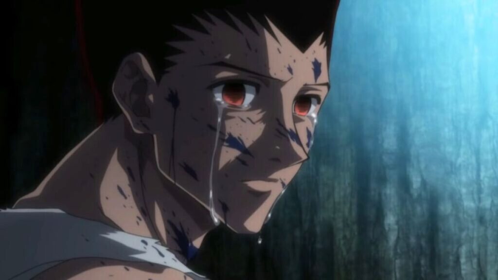 Gon, sous sa forme adulte, pleurant après son combat contre Neferupito dans l'anime Hunter x Hunter