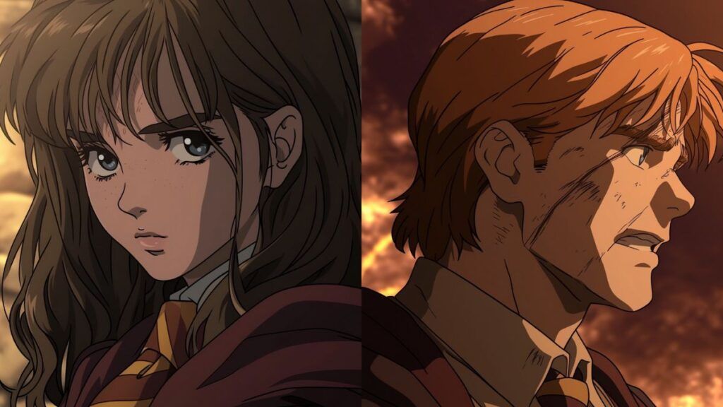 Hermione Granger et Ron Weasley de Harry Potter en version anime.