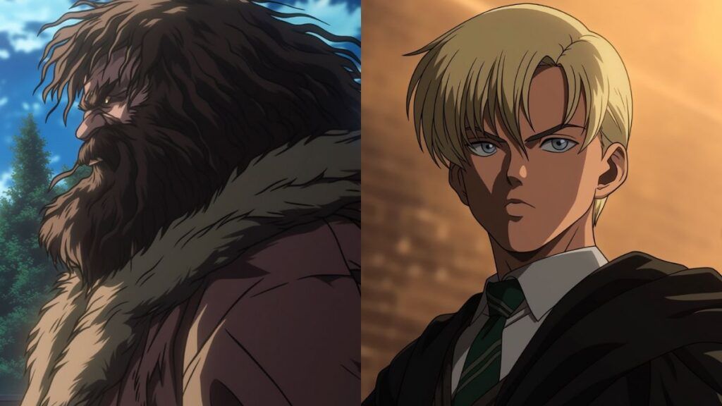 Rubeus Hagrid et Drago Malefoy de Harry Potter en version anime.