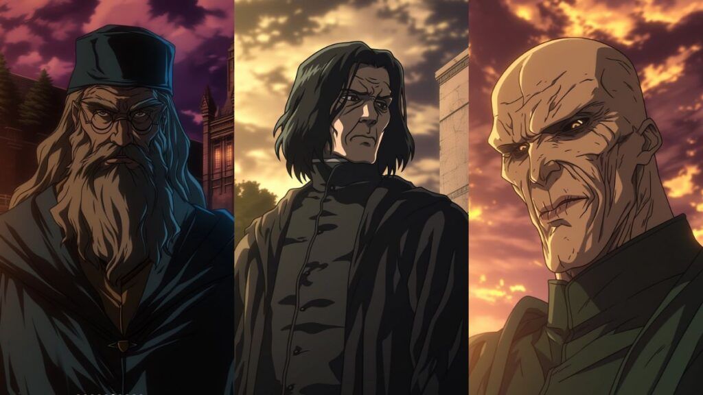 Dumbledore, Rogue et Voldemort de Harry Potter en version anime.