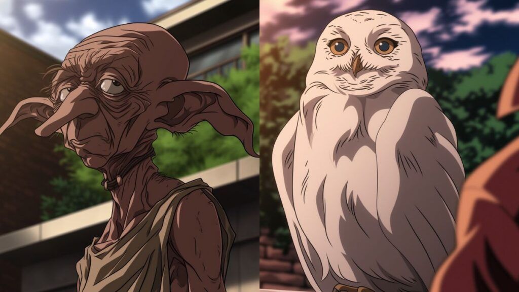 Dobby et Hedwige de Harry Potter en version anime.