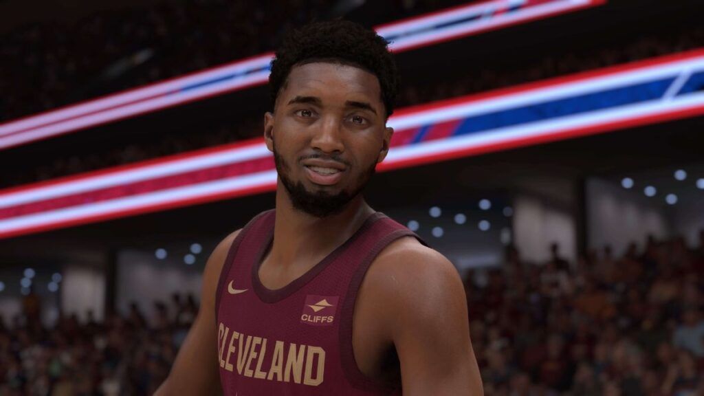 Donovan Mitchell, souriant pendant un match dans le jeu vidéo NBA 2K25