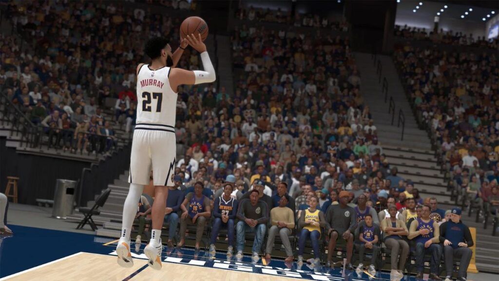 Jamal Murray, shootant un 3 pts durant un match des Nuggets dans le jeu vidéo NBA 2K25