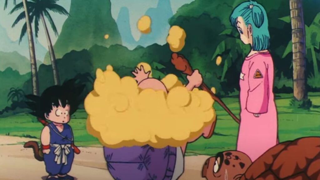 Tortue Géniale, au sol après avoir échoué à monter sur le nuage magique dans l'anime Dragon Ball