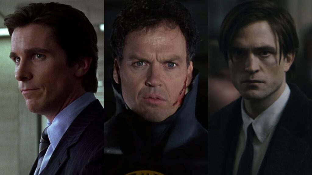 Christian Bale, Michael Keaton et Robert Pattinson en Batman/ Bruce Wayne