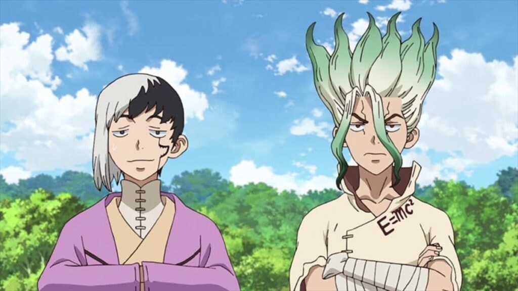 Gen et Senku affichant tous les deux un visages perplexes dans l'anime Dr. Stone