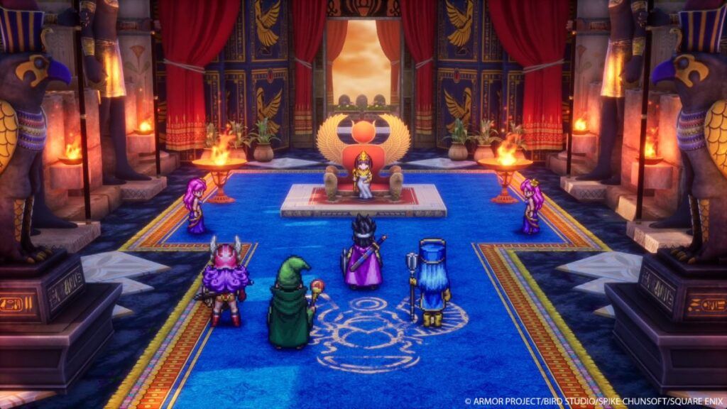 Le héros et ses compagnons lors d'une audience dans la salle du trône dans le jeu vidéo Dragon Quest III HD 2D Remake