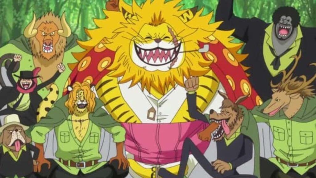 Des membres de la tribu des Minks faisant la fête dans une forêt dans l'anime One Piece