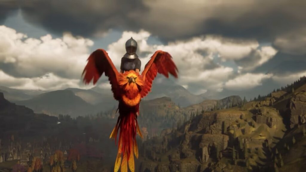 Un sorcier volant sur un Phoenix grâce au support de mod officiel du jeu vidéo Hogwarts Legacy