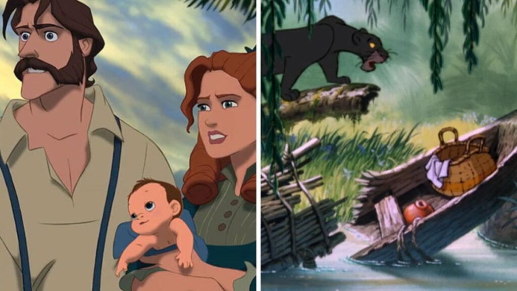 Tarzan bébé et ses parents / Mowgli bébé et Bagheera dans Le Livre de la Jungle