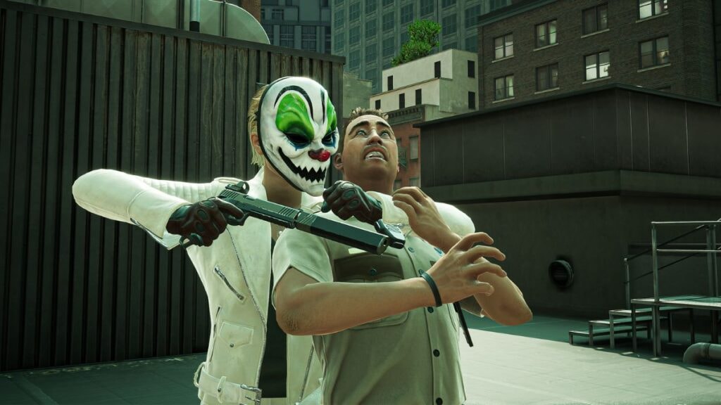 Un cambrioleur portant u masque de clown, prenant un otage dans le jeu vidéo du Playstation Plus Payday 3