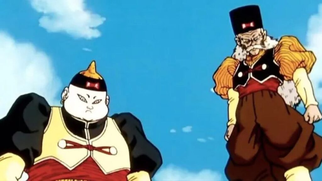 Les cyborg C19 et C20, qui est en réalité le Dr. Gero, volant dans le ciel de l'anime Dragon Ball