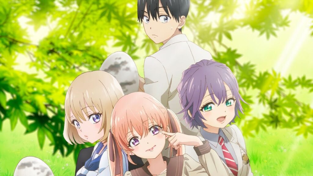 Les personnages de Nagi, Sachi, Erika et Segawa tous ensemble dans une forêt de l'anime A Couple of Cuckoos