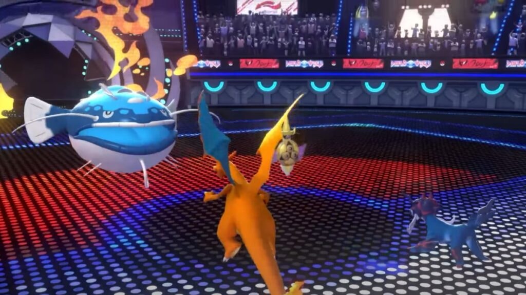 Des Pokemons se battant dans une arène dans le trailer du jeu vidéo Pokemon Champions