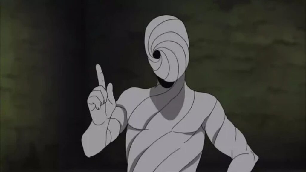 Tobi (Guruguru), le clone de Zetsu, faisant une pose comique dans une grotte de l'anime Naruto