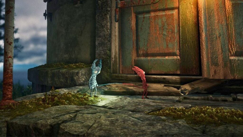 Le Yarny Bleu et le Yarny Rouge explorant le monde autour d'eux dans le jeu vidéo Unravel Two